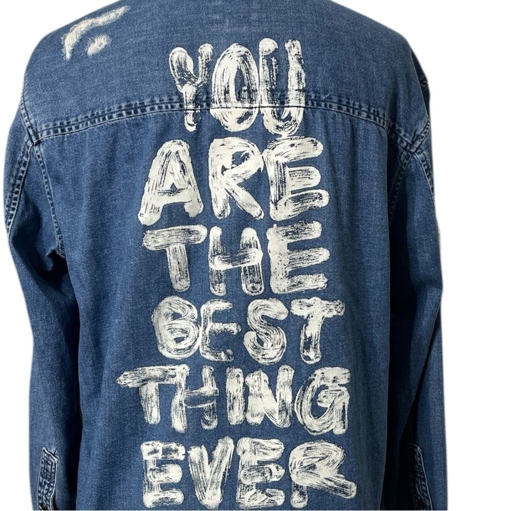 American Eagle Oversized Denim Jacket Women's Medium Blue Distressed Street - Picture 9 of 10